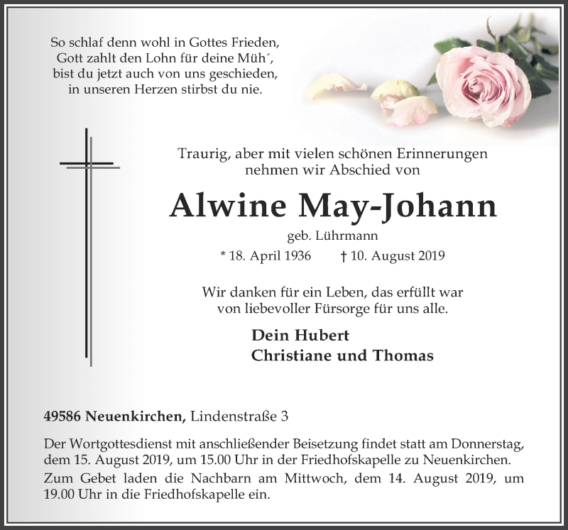  Traueranzeige für Alwine May-Johann vom 12.08.2019 aus Neue Osnabrücker Zeitung GmbH & Co. KG