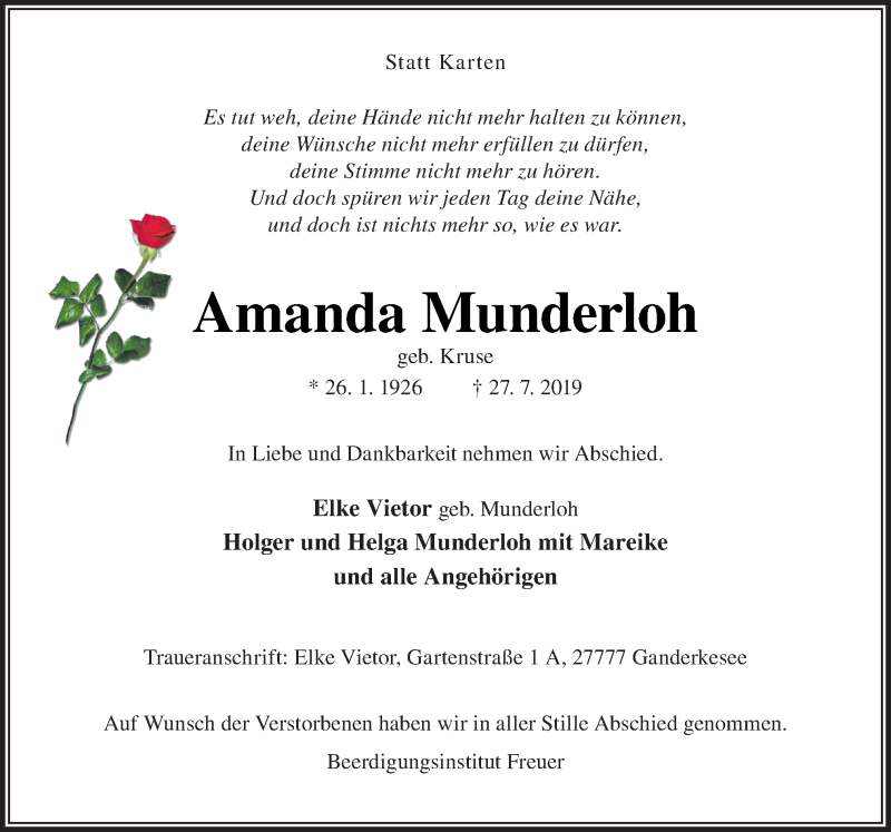  Traueranzeige für Amanda Munderloh vom 05.08.2019 aus Neue Osnabrücker Zeitung GmbH & Co. KG