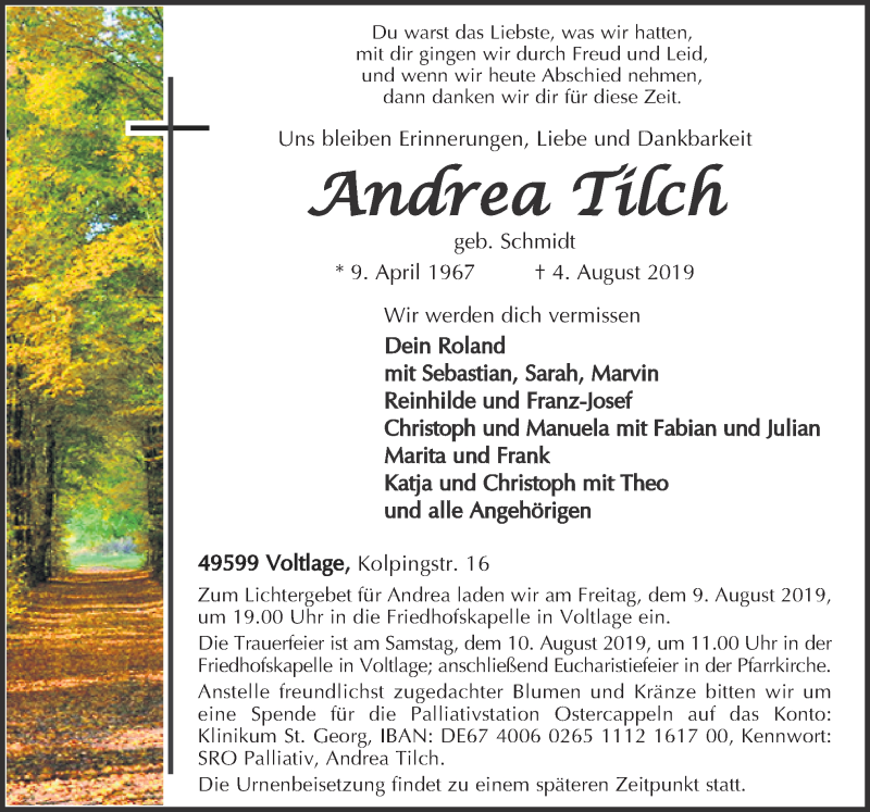  Traueranzeige für Andrea Tilch vom 07.08.2019 aus Neue Osnabrücker Zeitung GmbH & Co. KG
