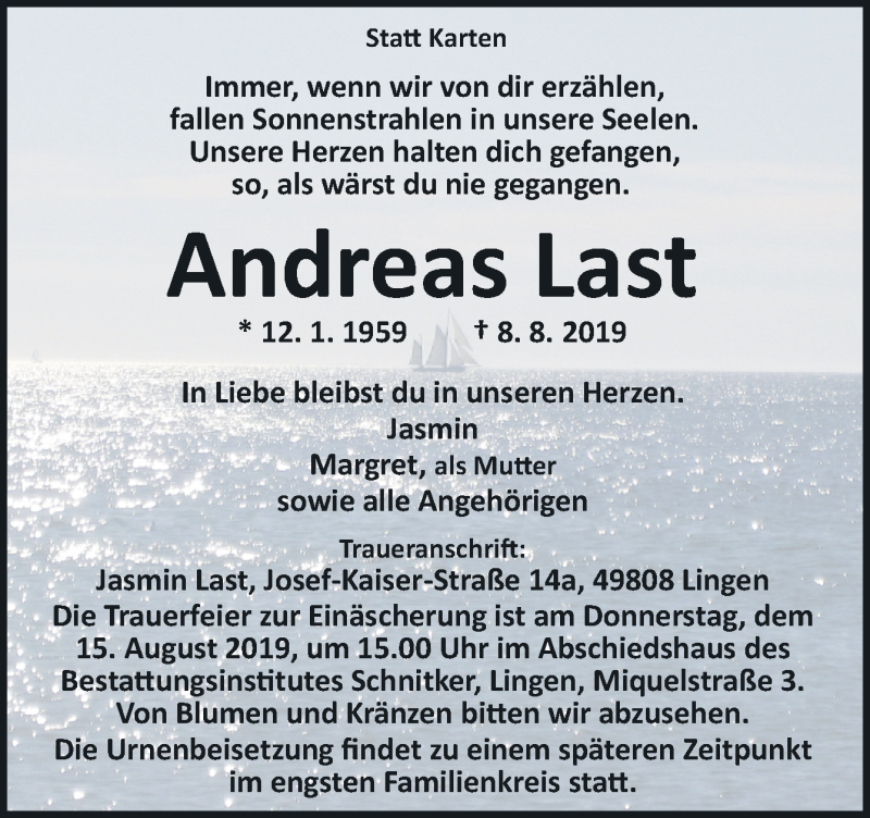  Traueranzeige für Andreas Last vom 13.08.2019 aus Neue Osnabrücker Zeitung GmbH & Co. KG