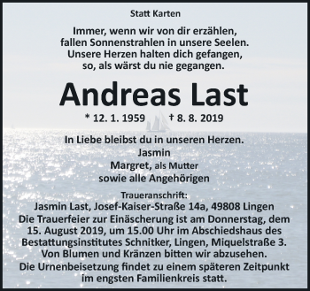 Traueranzeige von Andreas Last von Neue Osnabrücker Zeitung GmbH & Co. KG