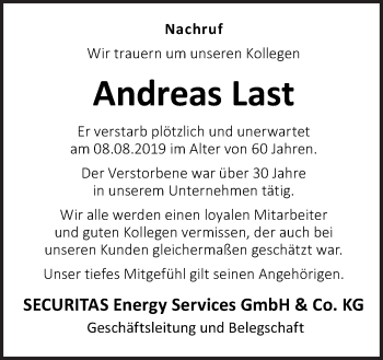 Traueranzeige von Andreas Last von Neue Osnabrücker Zeitung GmbH & Co. KG