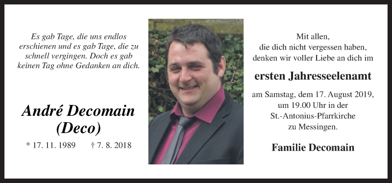 Traueranzeige für André Decomain vom 07.08.2019 aus Neue Osnabrücker Zeitung GmbH & Co. KG
