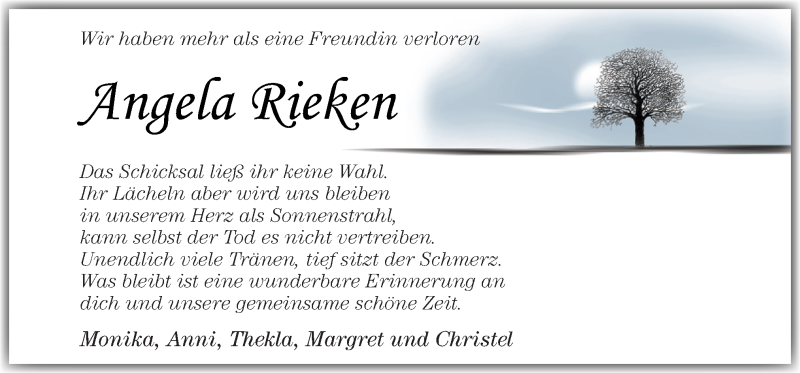  Traueranzeige für Angela Rieken vom 10.08.2019 aus Neue Osnabrücker Zeitung GmbH & Co. KG