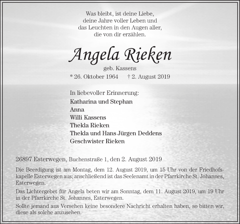  Traueranzeige für Angela Rieken vom 09.08.2019 aus Neue Osnabrücker Zeitung GmbH & Co. KG