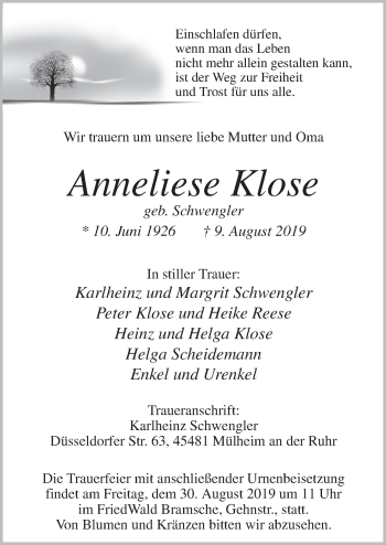 Traueranzeige von Anneliese Klose von Neue Osnabrücker Zeitung GmbH & Co. KG