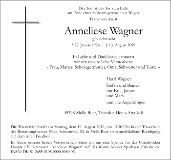 Traueranzeige von Anneliese Wagner von Neue Osnabrücker Zeitung GmbH & Co. KG