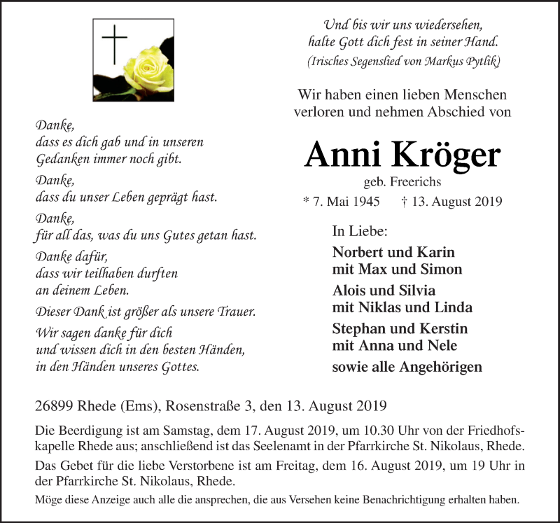  Traueranzeige für Anni Kröger vom 15.08.2019 aus Neue Osnabrücker Zeitung GmbH & Co. KG