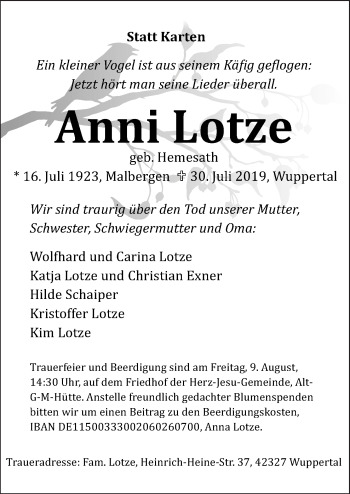Traueranzeige von Anni Lotze von Neue Osnabrücker Zeitung GmbH & Co. KG