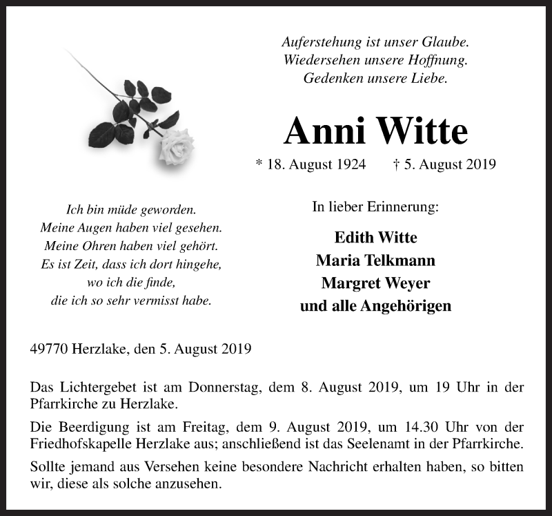  Traueranzeige für Anni Witte vom 07.08.2019 aus Neue Osnabrücker Zeitung GmbH & Co. KG