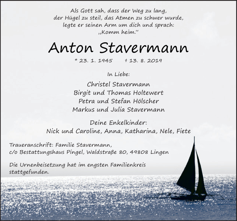  Traueranzeige für Anton Stavermann vom 28.08.2019 aus Neue Osnabrücker Zeitung GmbH & Co. KG