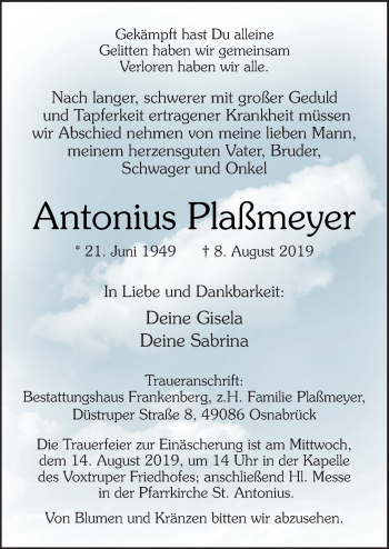 Traueranzeige von Antonius Plaßmeyer von Neue Osnabrücker Zeitung GmbH & Co. KG