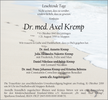 Traueranzeige von Axel Kremp von Neue Osnabrücker Zeitung GmbH & Co. KG