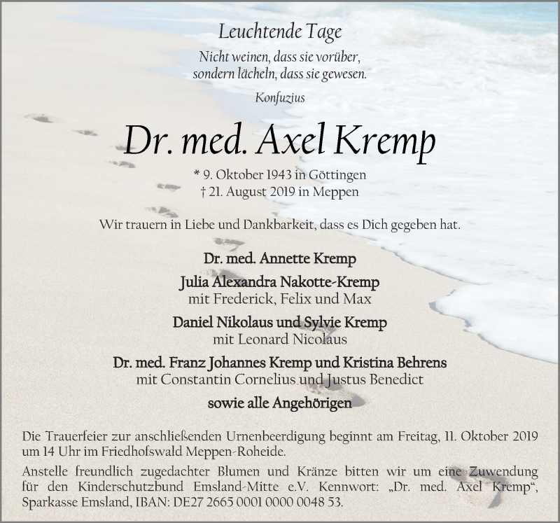  Traueranzeige für Axel Kremp vom 31.08.2019 aus Neue Osnabrücker Zeitung GmbH & Co. KG