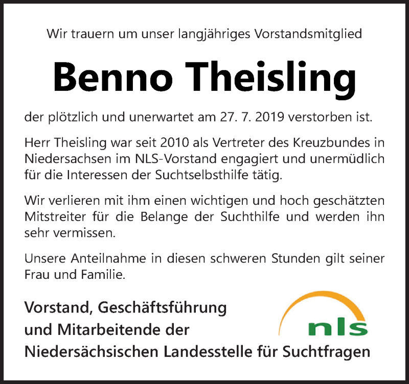  Traueranzeige für Benno Theisling vom 03.08.2019 aus Neue Osnabrücker Zeitung GmbH & Co. KG