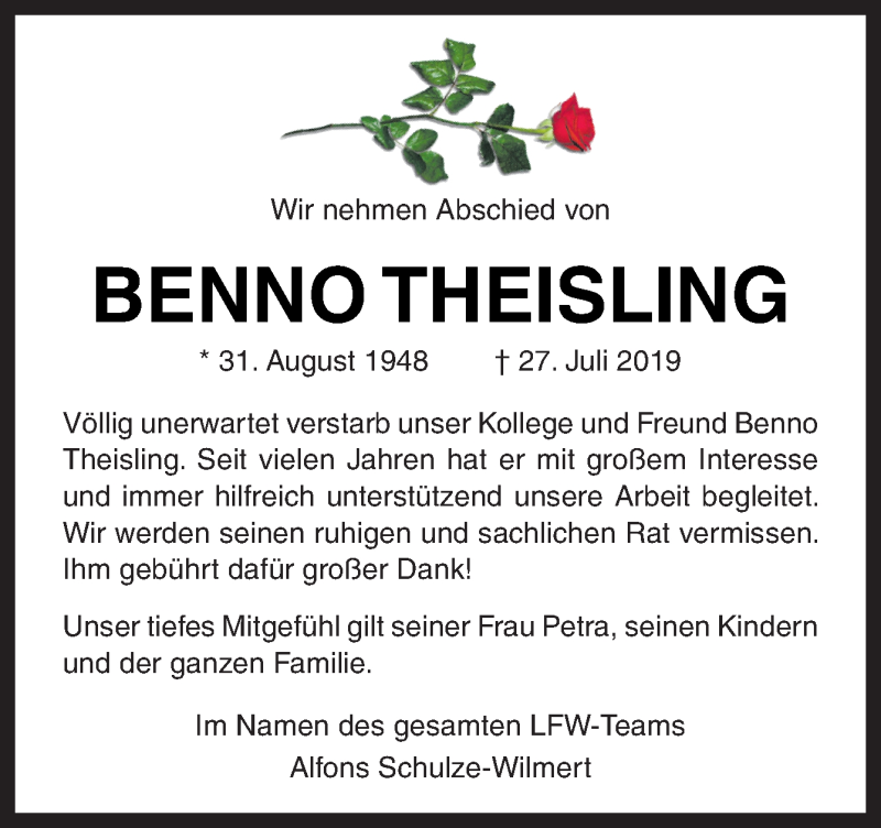  Traueranzeige für Benno Theisling vom 01.08.2019 aus Neue Osnabrücker Zeitung GmbH & Co. KG