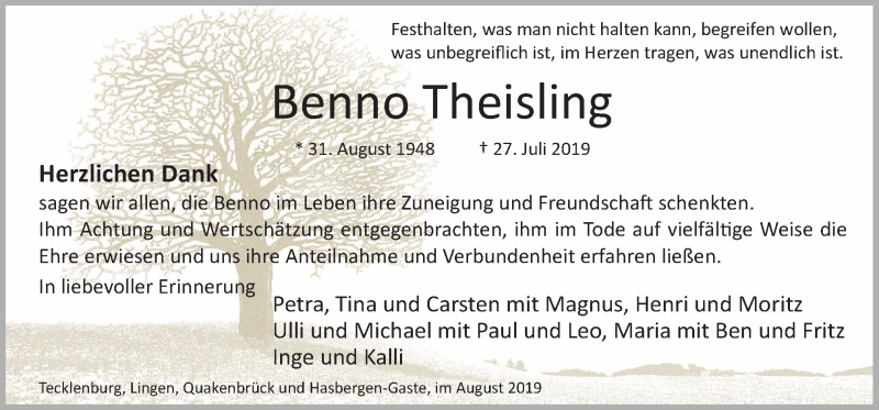  Traueranzeige für Benno Theisling vom 17.08.2019 aus Neue Osnabrücker Zeitung GmbH & Co. KG