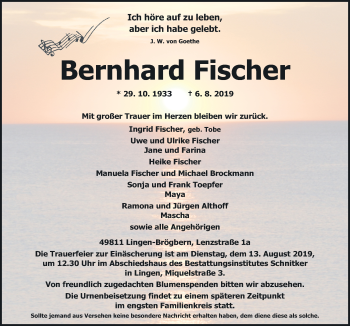 Traueranzeige von Bernhard Fischer von Neue Osnabrücker Zeitung GmbH & Co. KG