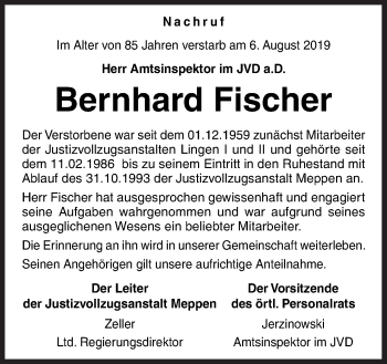 Traueranzeige von Bernhard Fischer von Neue Osnabrücker Zeitung GmbH & Co. KG