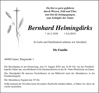 Traueranzeige von Bernhard Helmingdirks von Neue Osnabrücker Zeitung GmbH & Co. KG
