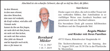 Traueranzeige von Bernhard Mäsker von Neue Osnabrücker Zeitung GmbH & Co. KG