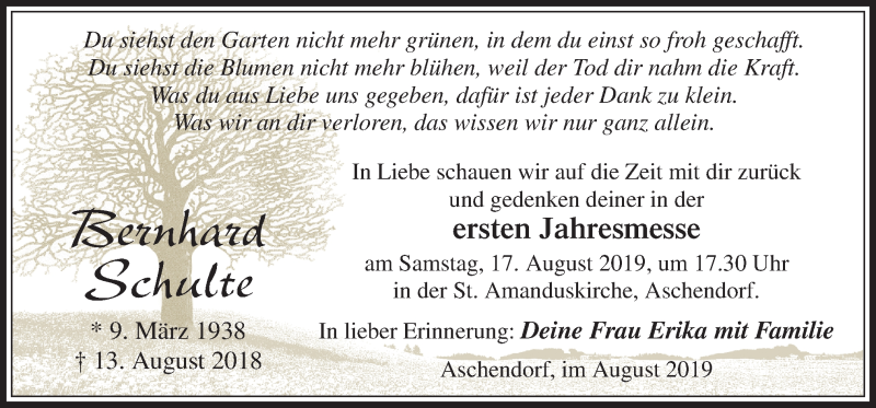  Traueranzeige für Bernhard Schulte vom 15.08.2019 aus Neue Osnabrücker Zeitung GmbH & Co. KG