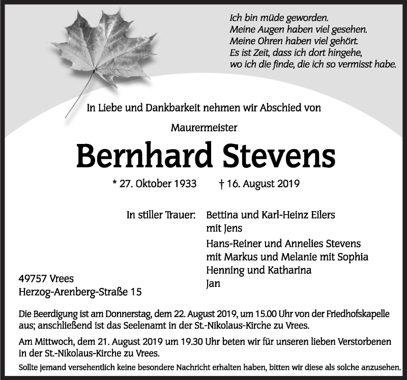  Traueranzeige für Bernhard Stevens vom 20.08.2019 aus Neue Osnabrücker Zeitung GmbH & Co. KG