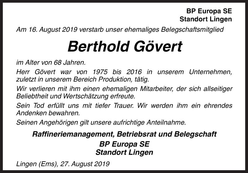  Traueranzeige für Berthold Gövert vom 27.08.2019 aus Neue Osnabrücker Zeitung GmbH & Co. KG