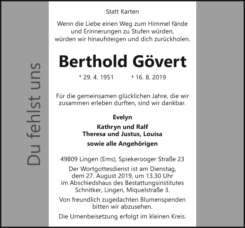  Traueranzeige für Berthold Gövert vom 22.08.2019 aus Neue Osnabrücker Zeitung GmbH & Co. KG