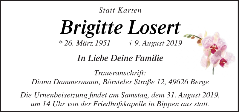  Traueranzeige für Brigitte Losert vom 27.08.2019 aus Neue Osnabrücker Zeitung GmbH & Co. KG