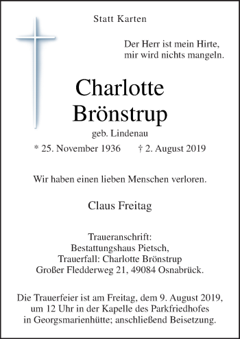 Traueranzeige von Charlotte Brönstrup von Neue Osnabrücker Zeitung GmbH & Co. KG