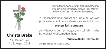 Traueranzeige von Christa Brake von Neue Osnabrücker Zeitung GmbH & Co. KG