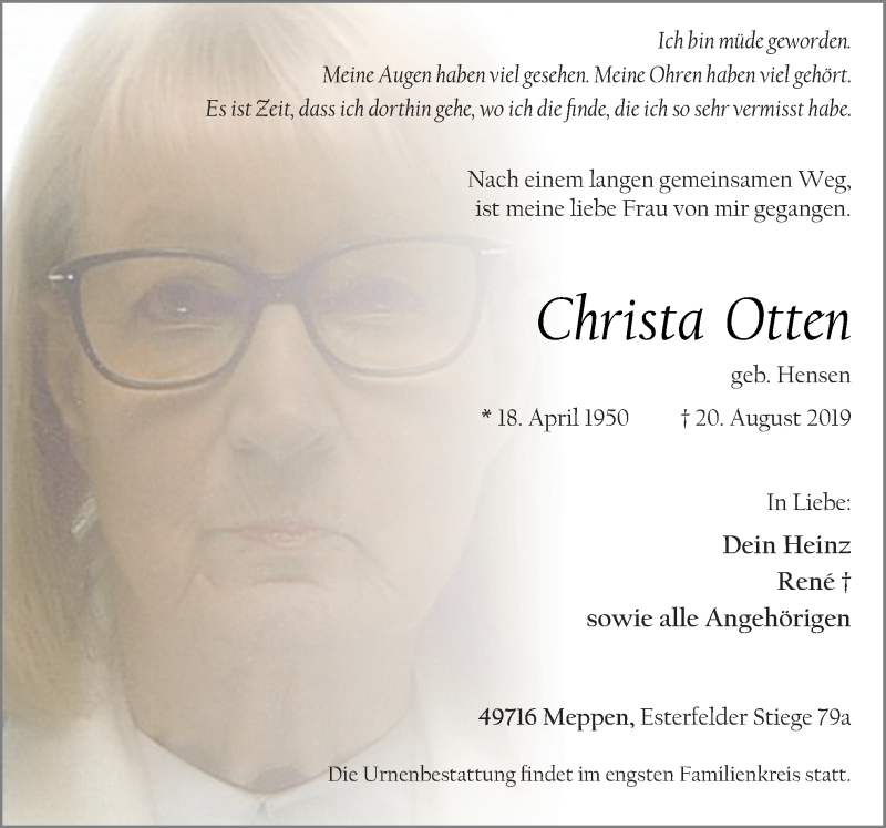  Traueranzeige für Christa Otten vom 24.08.2019 aus Neue Osnabrücker Zeitung GmbH & Co. KG