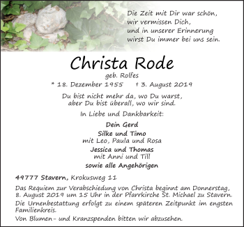 Traueranzeige von Christa Rode von Neue Osnabrücker Zeitung GmbH & Co. KG