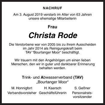 Traueranzeige von Christa Rode von Neue Osnabrücker Zeitung GmbH & Co. KG