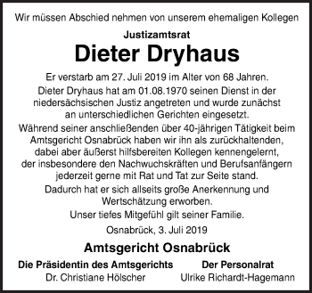 Traueranzeige von Dieter Dryhaus von Neue Osnabrücker Zeitung GmbH & Co. KG