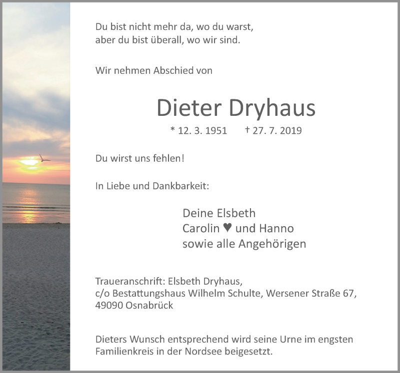  Traueranzeige für Dieter Dryhaus vom 03.08.2019 aus Neue Osnabrücker Zeitung GmbH & Co. KG