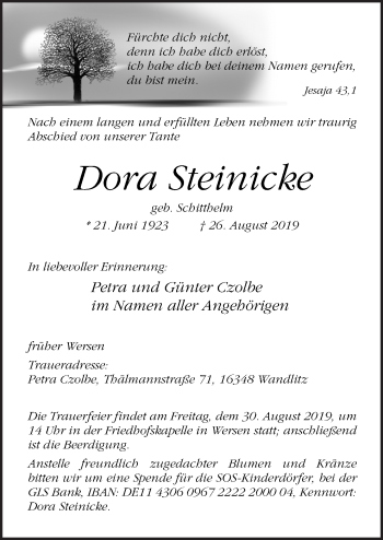 Traueranzeige von Dora Steinicke von Neue Osnabrücker Zeitung GmbH & Co. KG