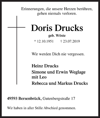 Traueranzeige von Doris Drucks von Neue Osnabrücker Zeitung GmbH & Co. KG