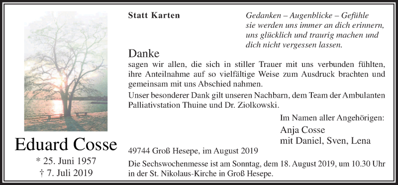  Traueranzeige für Eduard Cosse vom 15.08.2019 aus Neue Osnabrücker Zeitung GmbH & Co. KG