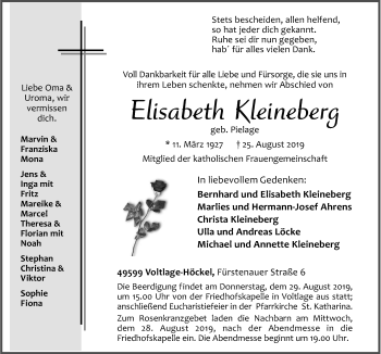 Traueranzeige von Elisabeth Kleineberg von Neue Osnabrücker Zeitung GmbH & Co. KG