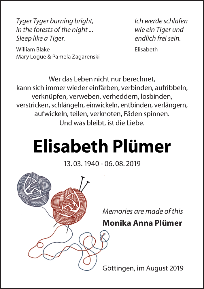  Traueranzeige für Elisabeth Plümer vom 10.08.2019 aus Neue Osnabrücker Zeitung GmbH & Co. KG