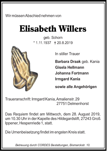 Traueranzeige von Elisabeth Willers von Neue Osnabrücker Zeitung GmbH & Co. KG