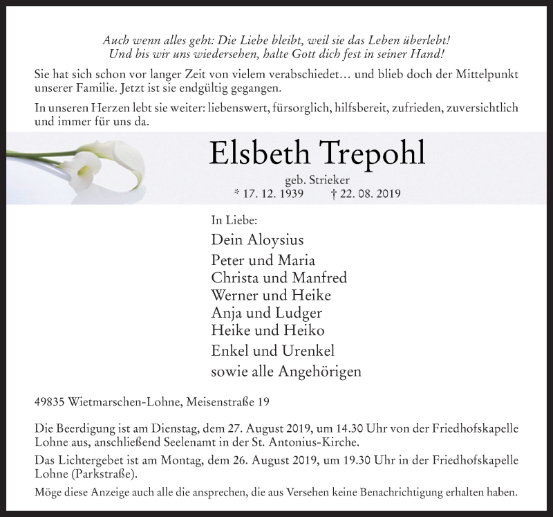  Traueranzeige für Elsbeth Trepohl vom 24.08.2019 aus Neue Osnabrücker Zeitung GmbH & Co. KG