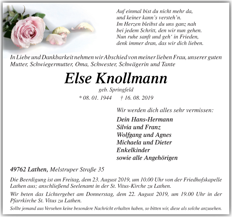  Traueranzeige für Else Knollmann vom 19.08.2019 aus Neue Osnabrücker Zeitung GmbH & Co. KG