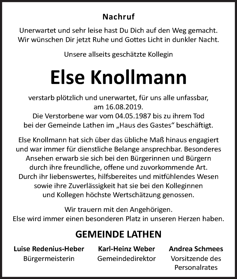  Traueranzeige für Else Knollmann vom 22.08.2019 aus Neue Osnabrücker Zeitung GmbH & Co. KG