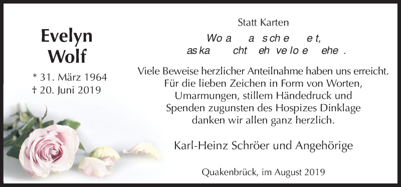  Traueranzeige für Evelyn Wolf vom 03.08.2019 aus Neue Osnabrücker Zeitung GmbH & Co. KG