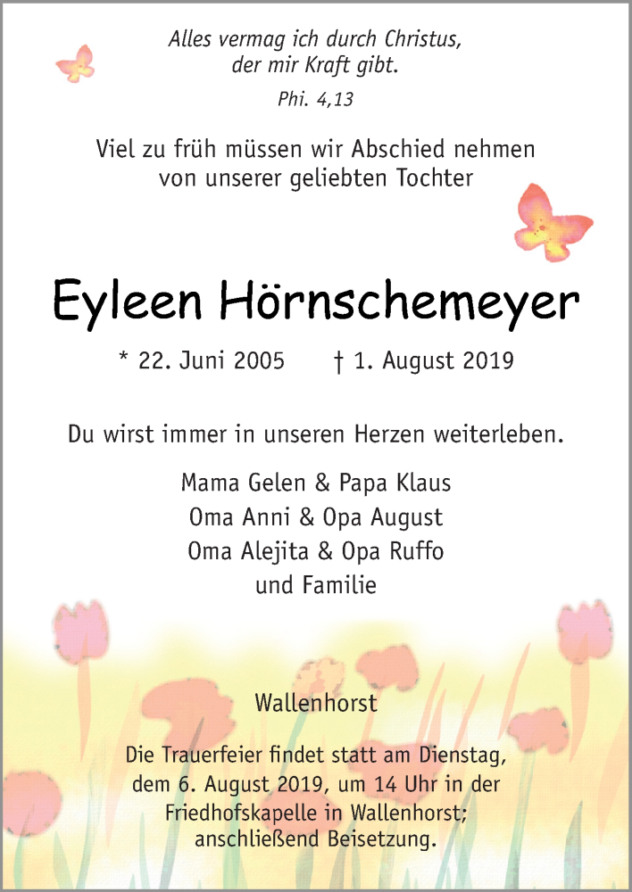  Traueranzeige für Eyleen Hörnschemeyer vom 03.08.2019 aus Neue Osnabrücker Zeitung GmbH & Co. KG