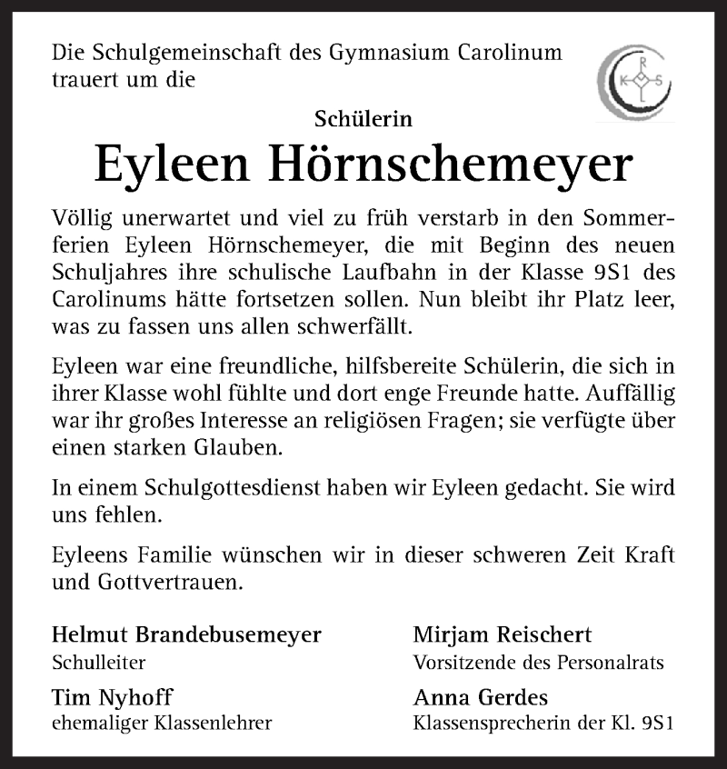  Traueranzeige für Eyleen Hörnschemeyer vom 21.08.2019 aus Neue Osnabrücker Zeitung GmbH & Co. KG