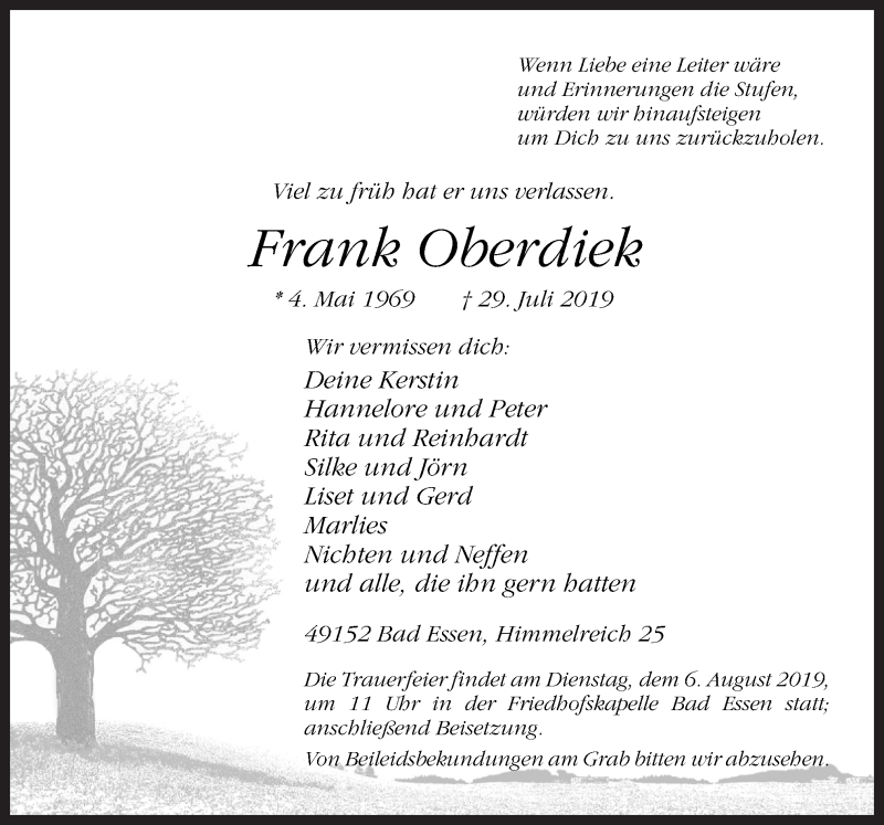 Traueranzeige für Frank Oberdiek vom 03.08.2019 aus Neue Osnabrücker Zeitung GmbH & Co. KG